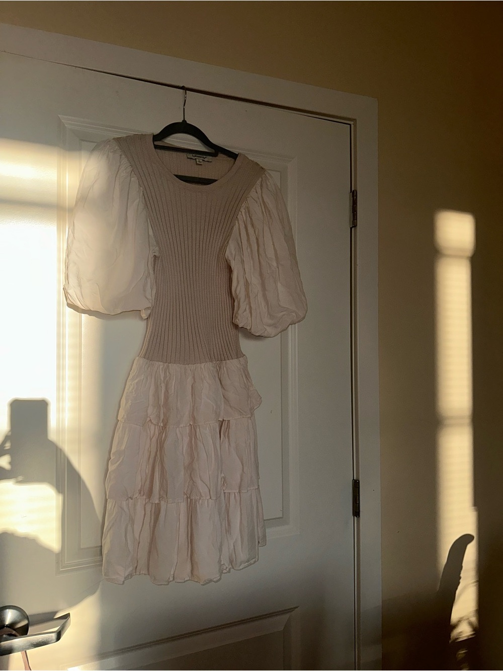 Francesca's Collections Cream Puff-Sleeve Tiered Mini Dress
